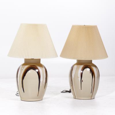 Mid Century Tan Ceramic Drip Glaze Lamps Pair
