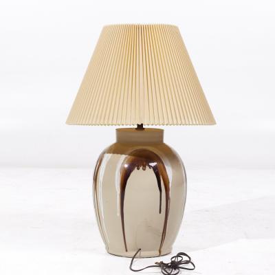 Mid Century Tan Ceramic Drip Glaze Lamps Pair