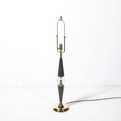 Mid Century Tapered Brass Silver Cerused Walnut Table Lamps w Sphere Detail