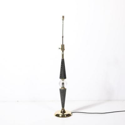 Mid Century Tapered Brass Silver Cerused Walnut Table Lamps w Sphere Detail