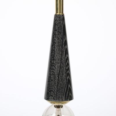 Mid Century Tapered Brass Silver Cerused Walnut Table Lamps w Sphere Detail
