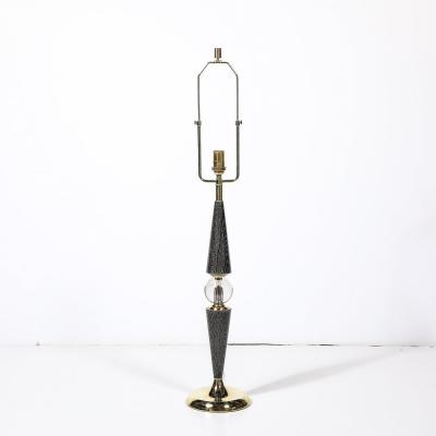 Mid Century Tapered Brass Silver Cerused Walnut Table Lamps w Sphere Detail