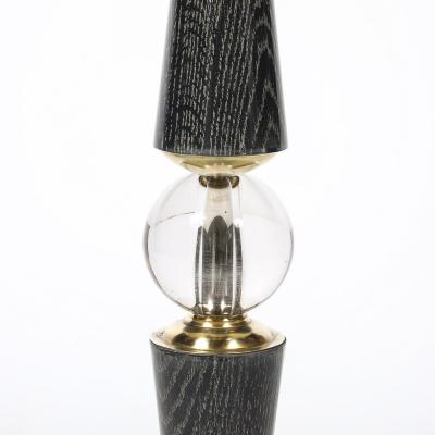 Mid Century Tapered Brass Silver Cerused Walnut Table Lamps w Sphere Detail