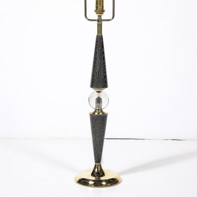 Mid Century Tapered Brass Silver Cerused Walnut Table Lamps w Sphere Detail