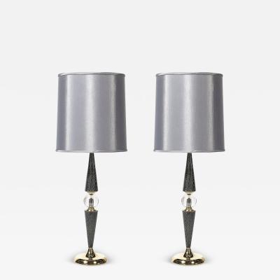 Mid Century Tapered Brass Silver Cerused Walnut Table Lamps w Sphere Detail