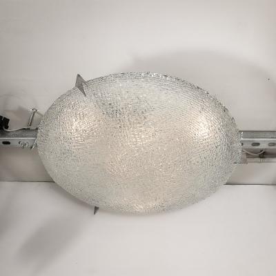 Mid Century Textured Glass Round Flush Mount Minimal Nickel Fitted Chandelier