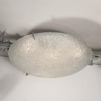 Mid Century Textured Glass Round Flush Mount Minimal Nickel Fitted Chandelier