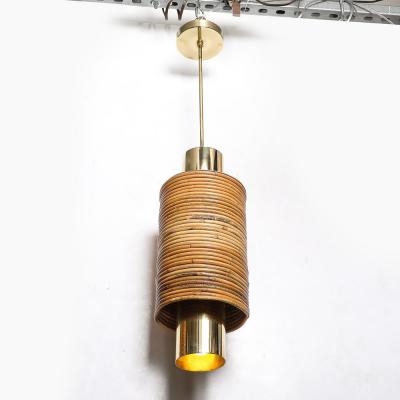 Mid Century Tiered Cylindrical Pendants in Wrapped Rattan and Polished Brass