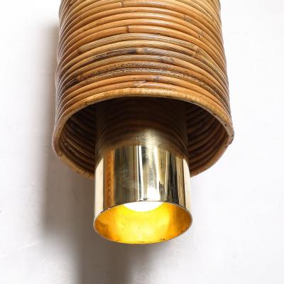 Mid Century Tiered Cylindrical Pendants in Wrapped Rattan and Polished Brass