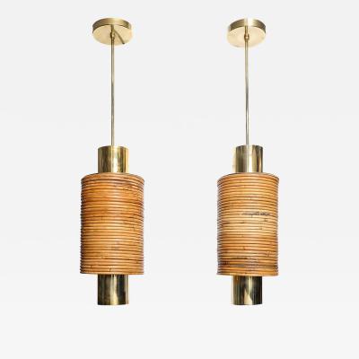 Mid Century Tiered Cylindrical Pendants in Wrapped Rattan and Polished Brass