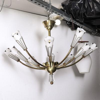 Mid Century Tulip Form Chandelier in Brass Frosted Glass w Enamel Detailing