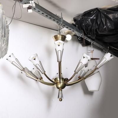 Mid Century Tulip Form Chandelier in Brass Frosted Glass w Enamel Detailing