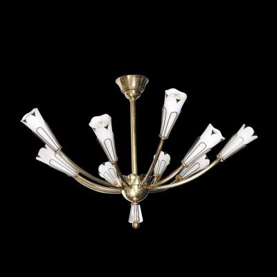 Mid Century Tulip Form Chandelier in Brass Frosted Glass w Enamel Detailing