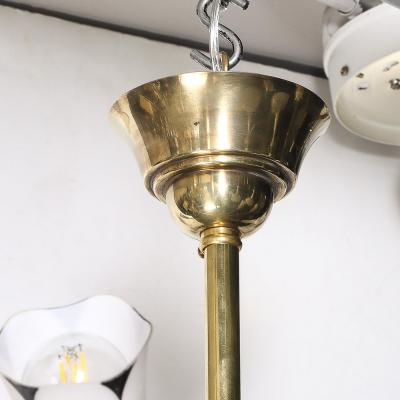 Mid Century Tulip Form Chandelier in Brass Frosted Glass w Enamel Detailing