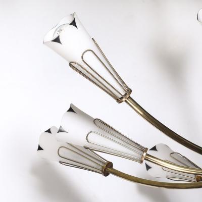 Mid Century Tulip Form Chandelier in Brass Frosted Glass w Enamel Detailing