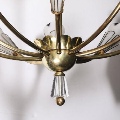 Mid Century Tulip Form Chandelier in Brass Frosted Glass w Enamel Detailing