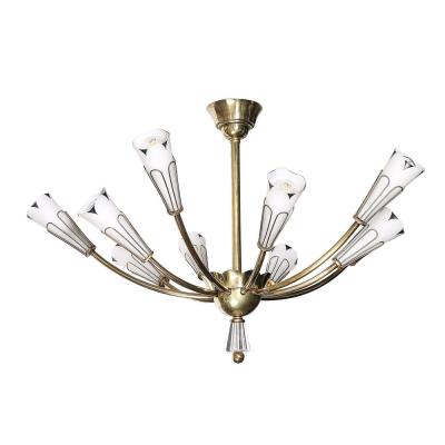 Mid Century Tulip Form Chandelier in Brass Frosted Glass w Enamel Detailing