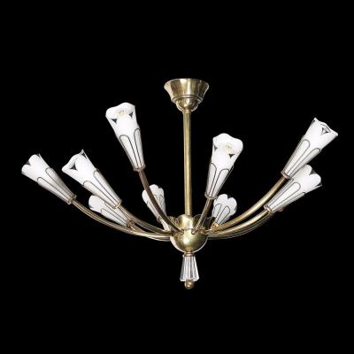 Mid Century Tulip Form Chandelier in Brass Frosted Glass w Enamel Detailing