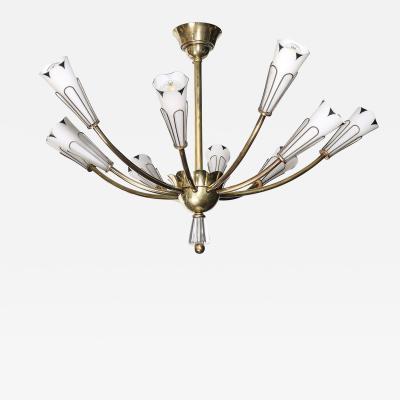 Mid Century Tulip Form Chandelier in Brass Frosted Glass w Enamel Detailing