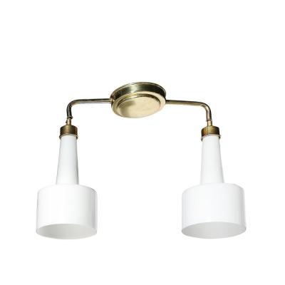 Mid Century Two Branch Pendant Chandelier in Molded Milk Glass w Brass Fittings