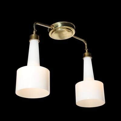 Mid Century Two Branch Pendant Chandelier in Molded Milk Glass w Brass Fittings