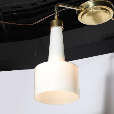 Mid Century Two Branch Pendant Chandelier in Molded Milk Glass w Brass Fittings
