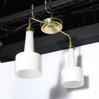 Mid Century Two Branch Pendant Chandelier in Molded Milk Glass w Brass Fittings