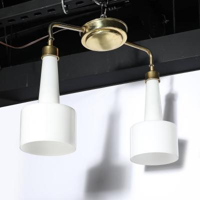 Mid Century Two Branch Pendant Chandelier in Molded Milk Glass w Brass Fittings