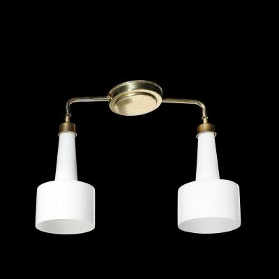 Mid Century Two Branch Pendant Chandelier in Molded Milk Glass w Brass Fittings