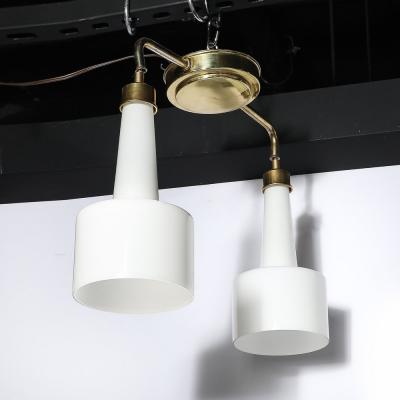 Mid Century Two Branch Pendant Chandelier in Molded Milk Glass w Brass Fittings