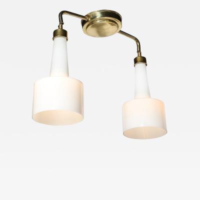 Mid Century Two Branch Pendant Chandelier in Molded Milk Glass w Brass Fittings