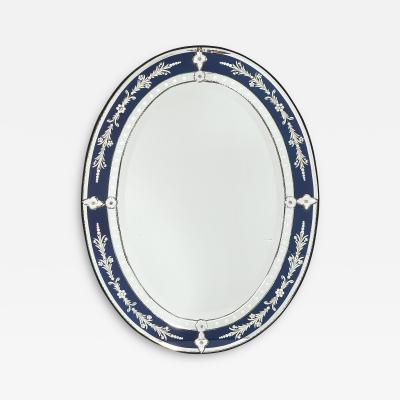 Mid Century Venetian Glass Reverse Etched Oval Mirror w Sapphire Blue Border