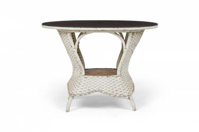 Mid Century Victorian Style White Painted Wicker Wood and Glass Console Table