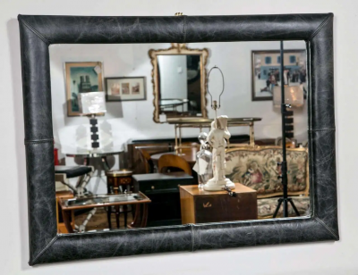 Mid Century Wall Mirror Decorated Distressed Leather Upholstered Frame