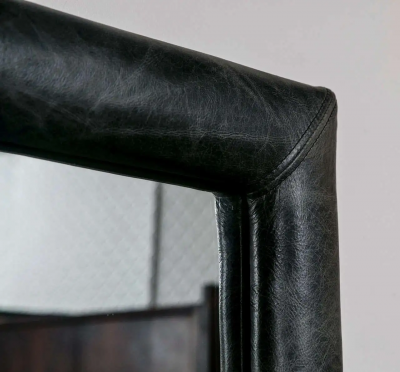 Mid Century Wall Mirror Decorated Distressed Leather Upholstered Frame