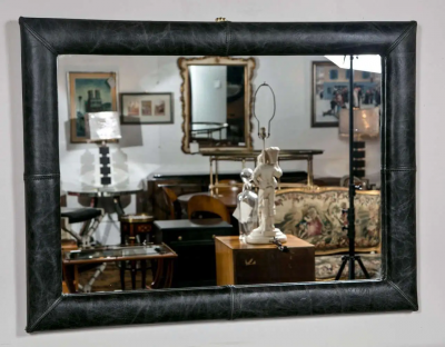 Mid Century Wall Mirror Decorated Distressed Leather Upholstered Frame