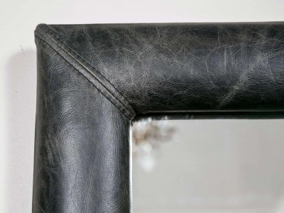 Mid Century Wall Mirror Decorated Distressed Leather Upholstered Frame