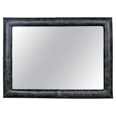 Mid Century Wall Mirror Decorated Distressed Leather Upholstered Frame