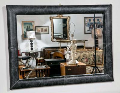 Mid Century Wall Mirror Decorated Distressed Leather Upholstered Frame