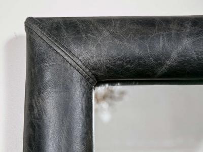 Mid Century Wall Mirror Decorated Distressed Leather Upholstered Frame