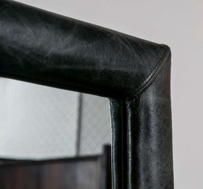 Mid Century Wall Mirror Decorated Distressed Leather Upholstered Frame