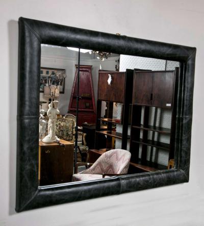 Mid Century Wall Mirror Decorated Distressed Leather Upholstered Frame