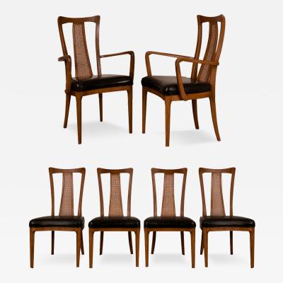 Mid Century Walnut Cane Back Six Dining Chairs