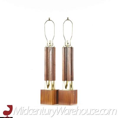 Mid Century Walnut and Brass Lamps Pair