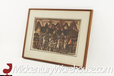 Mid Century Watercolor Village Scene on Paper