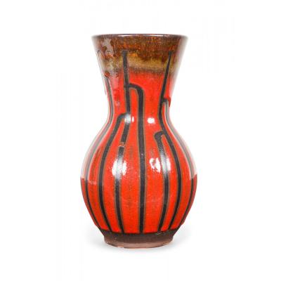 Mid Century West German Fat Lava Red Black and Brown Organic Striped Glaze Ceram