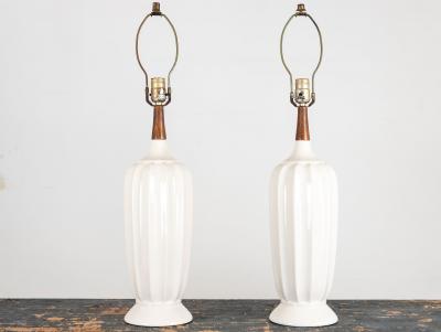 Mid Century White Ceramic and Walnut Table Lamp Denmark 1960s