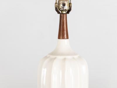 Mid Century White Ceramic and Walnut Table Lamp Denmark 1960s