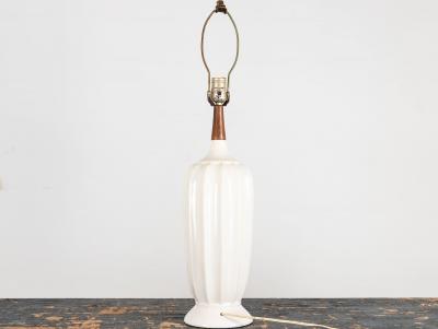 Mid Century White Ceramic and Walnut Table Lamp Denmark 1960s