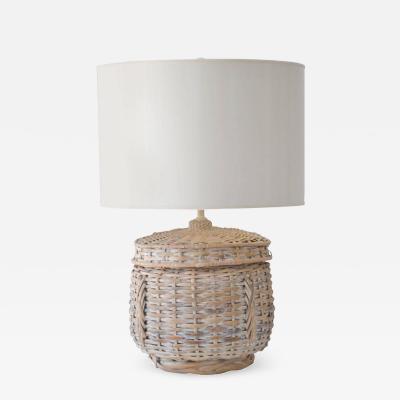 Mid Century Whitewashed Woven Rattan Basket Form Table Lamp